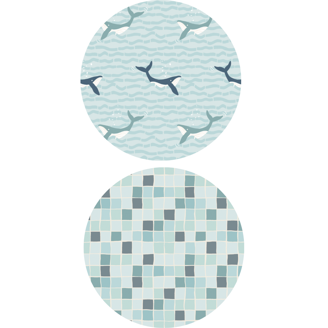 2 fabric design circular samples. Various shades of ocean blue tiles and whales.